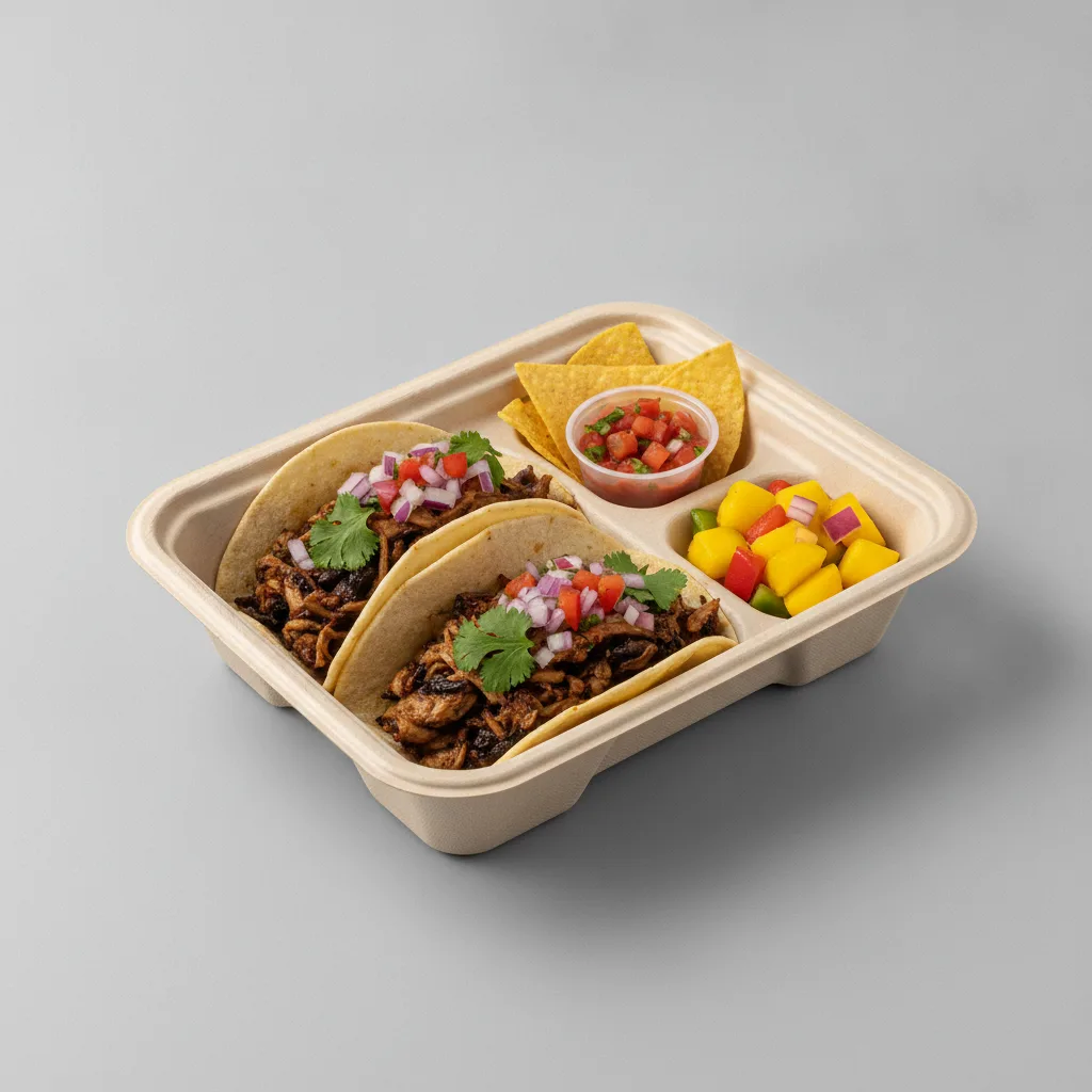 Vegan Power Taco Box — Portobello Chipotle with Pico and Chips / Mango Salad Vegan Power Taco Box — Portobello Chipotle with Pico and Chips / Mango Salad