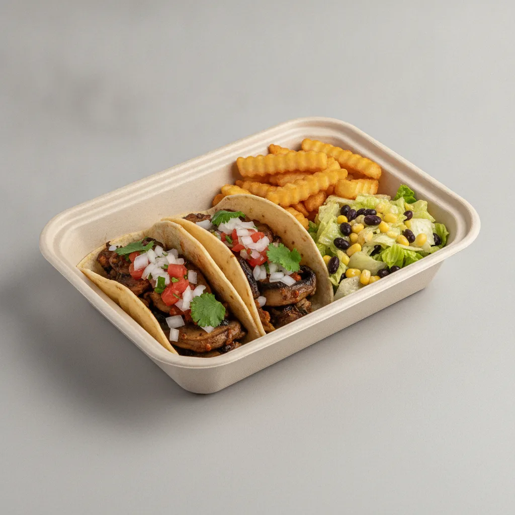 Vegan Power Taco Box — Portobello Chipotle with French Fries / Mexican Salad Vegan Power Taco Box — Portobello Chipotle with French Fries / Mexican Salad