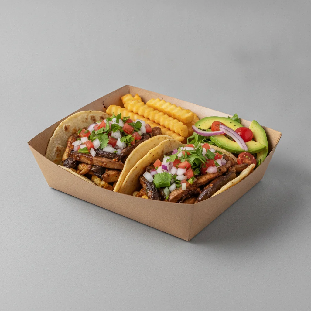 Vegan Power Taco Box — Portobello Chipotle with French Fries / Avocado Salad Vegan Power Taco Box — Portobello Chipotle with French Fries / Avocado Salad