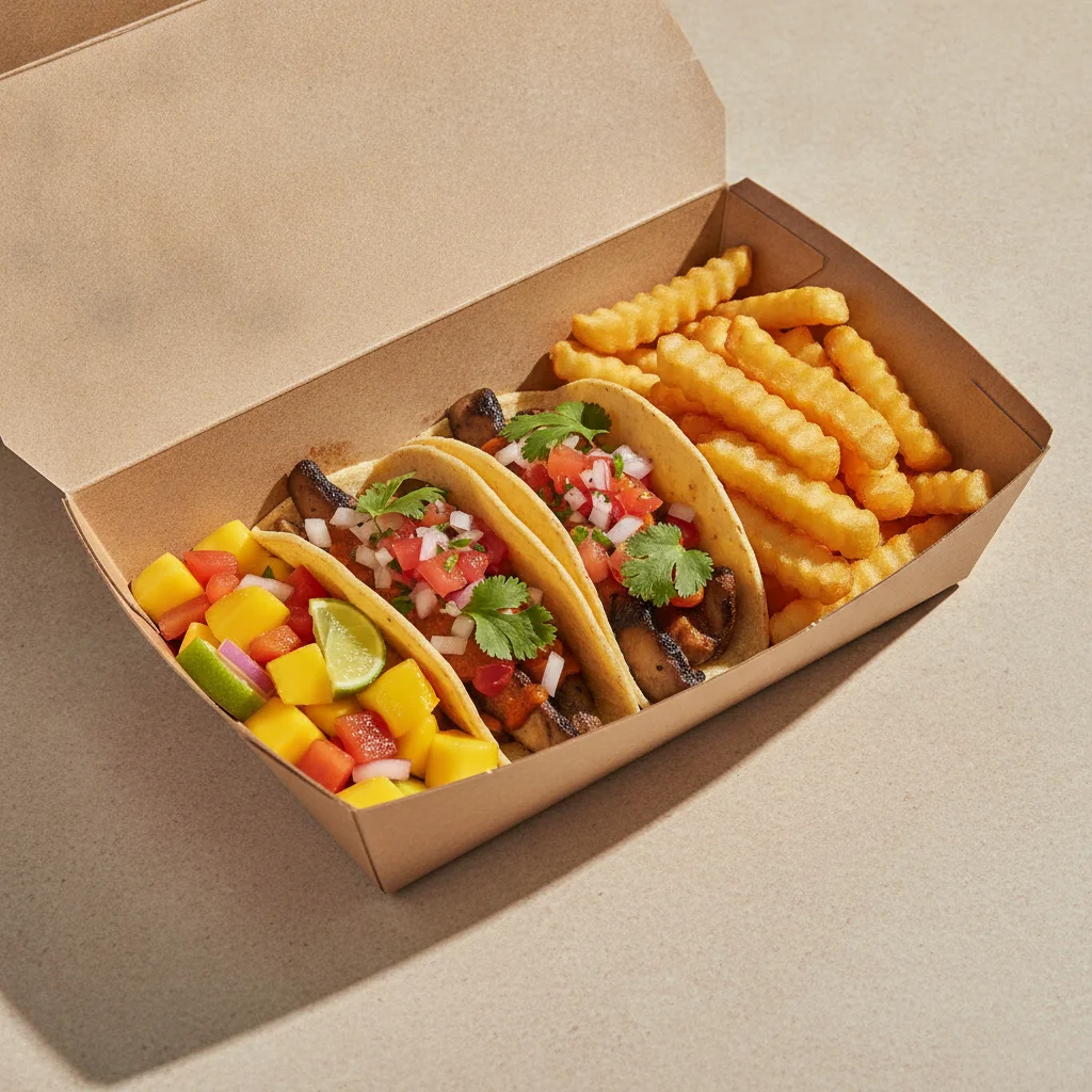 Vegan Power Taco Box — Portobello Chipotle with French Fries / Mango Salad Vegan Power Taco Box — Portobello Chipotle with French Fries / Mango Salad