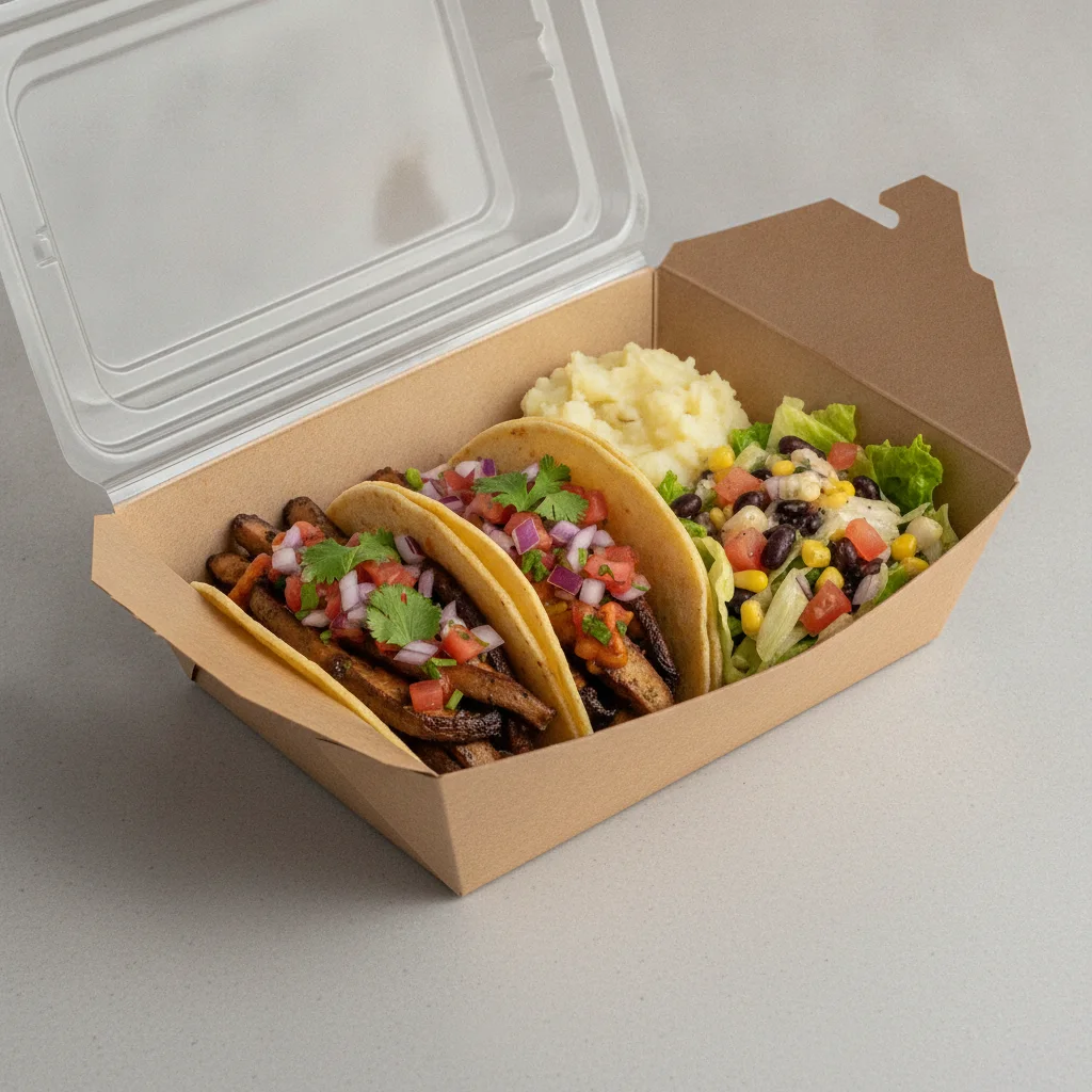 Vegan Power Taco Box — Portobello Chipotle with Mashed Potato / Mexican Salad Vegan Power Taco Box — Portobello Chipotle with Mashed Potato / Mexican Salad