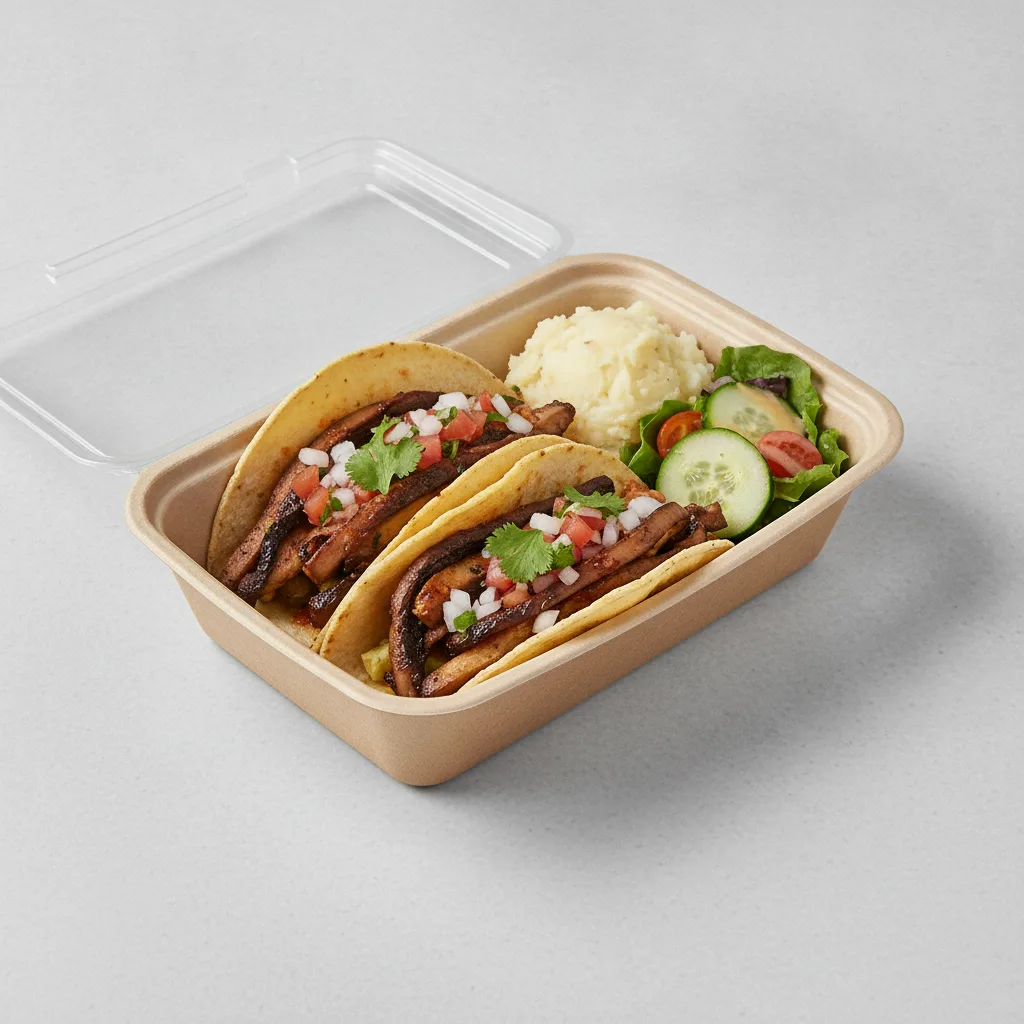 Vegan Power Taco Box — Portobello Chipotle with Mashed Potato / Green Salad Vegan Power Taco Box — Portobello Chipotle with Mashed Potato / Green Salad