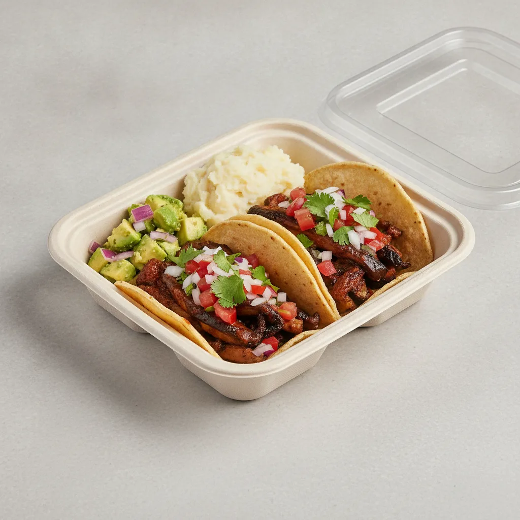 Vegan Power Taco Box — Portobello Chipotle with Mashed Potato / Avocado Salad Vegan Power Taco Box — Portobello Chipotle with Mashed Potato / Avocado Salad