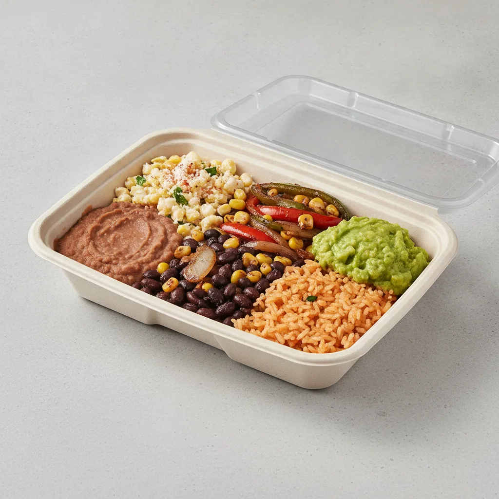Burrito Bowl Box with Refried Beans / Street Corn Salad Burrito Bowl Box with Refried Beans / Street Corn Salad