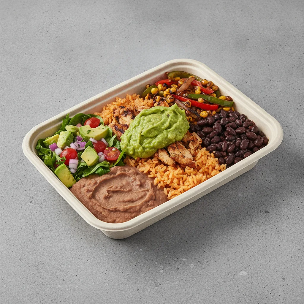 Burrito Bowl Box with Refried Beans / Avocado Salad Burrito Bowl Box with Refried Beans / Avocado Salad