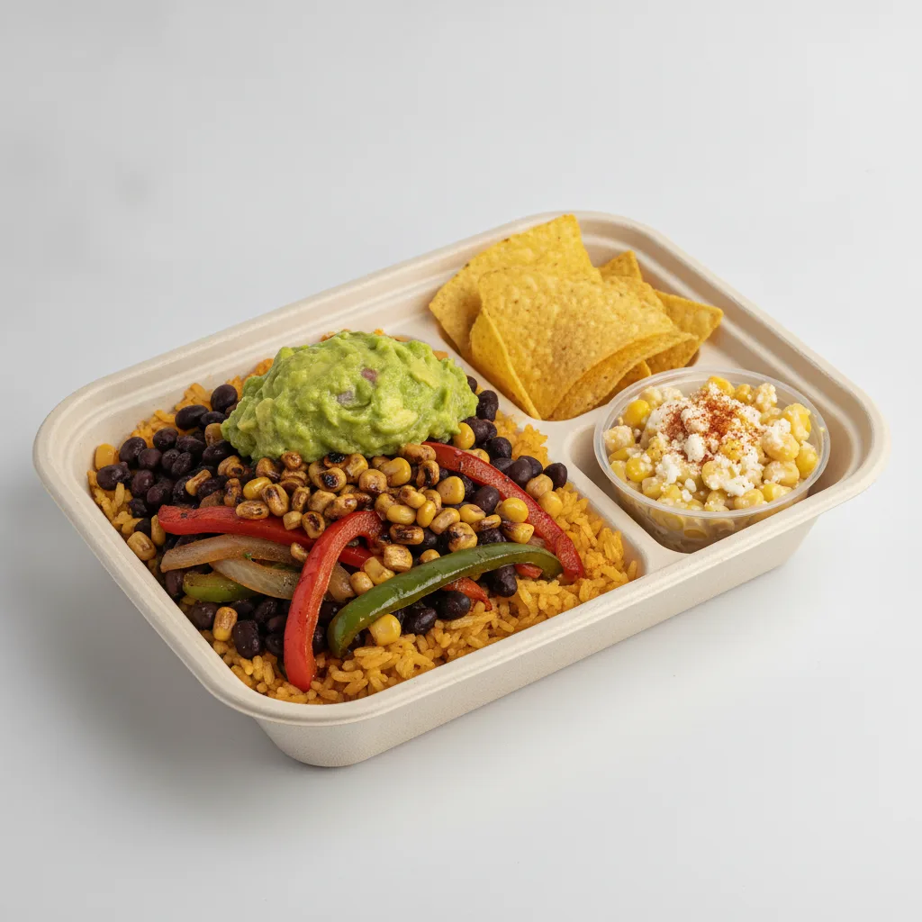 Burrito Bowl Box with Guacamole and Chips / Street Corn Salad Burrito Bowl Box with Guacamole and Chips / Street Corn Salad