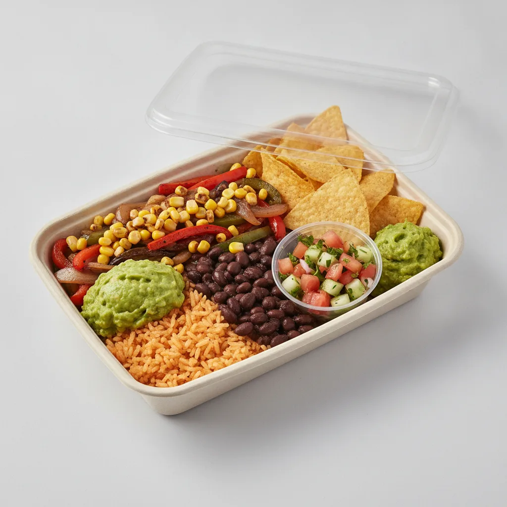 Burrito Bowl Box with Guacamole and Chips / Nopalitos Salad Burrito Bowl Box with Guacamole and Chips / Nopalitos Salad