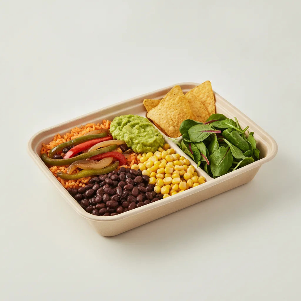 Burrito Bowl Box with Guacamole and Chips / Green Salad Burrito Bowl Box with Guacamole and Chips / Green Salad