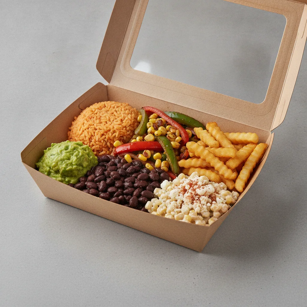 Burrito Bowl Box with French Fries / Street Corn Salad Burrito Bowl Box with French Fries / Street Corn Salad