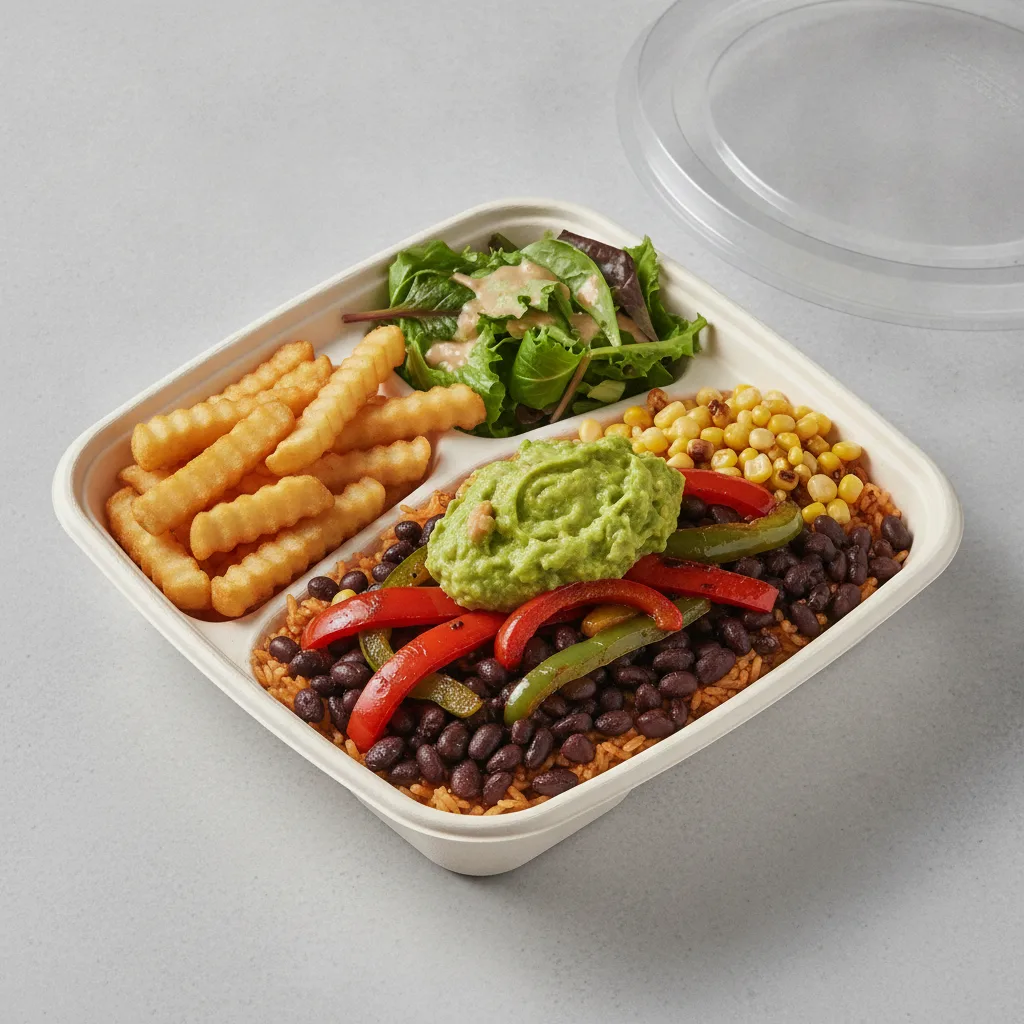 Burrito Bowl Box with French Fries / Green Salad Burrito Bowl Box with French Fries / Green Salad