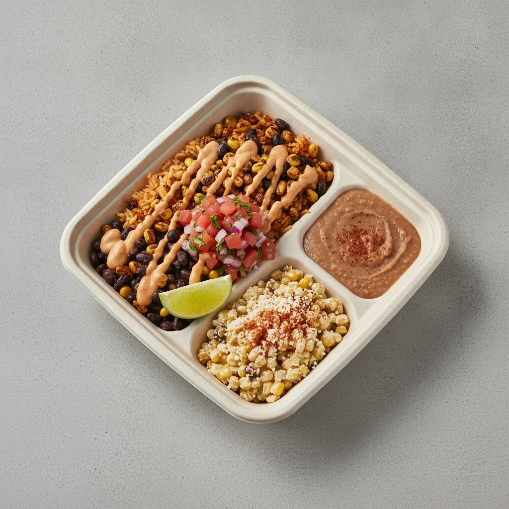 Elote Bowl Box with Refried Beans / Street Corn Salad Elote Bowl Box with Refried Beans / Street Corn Salad