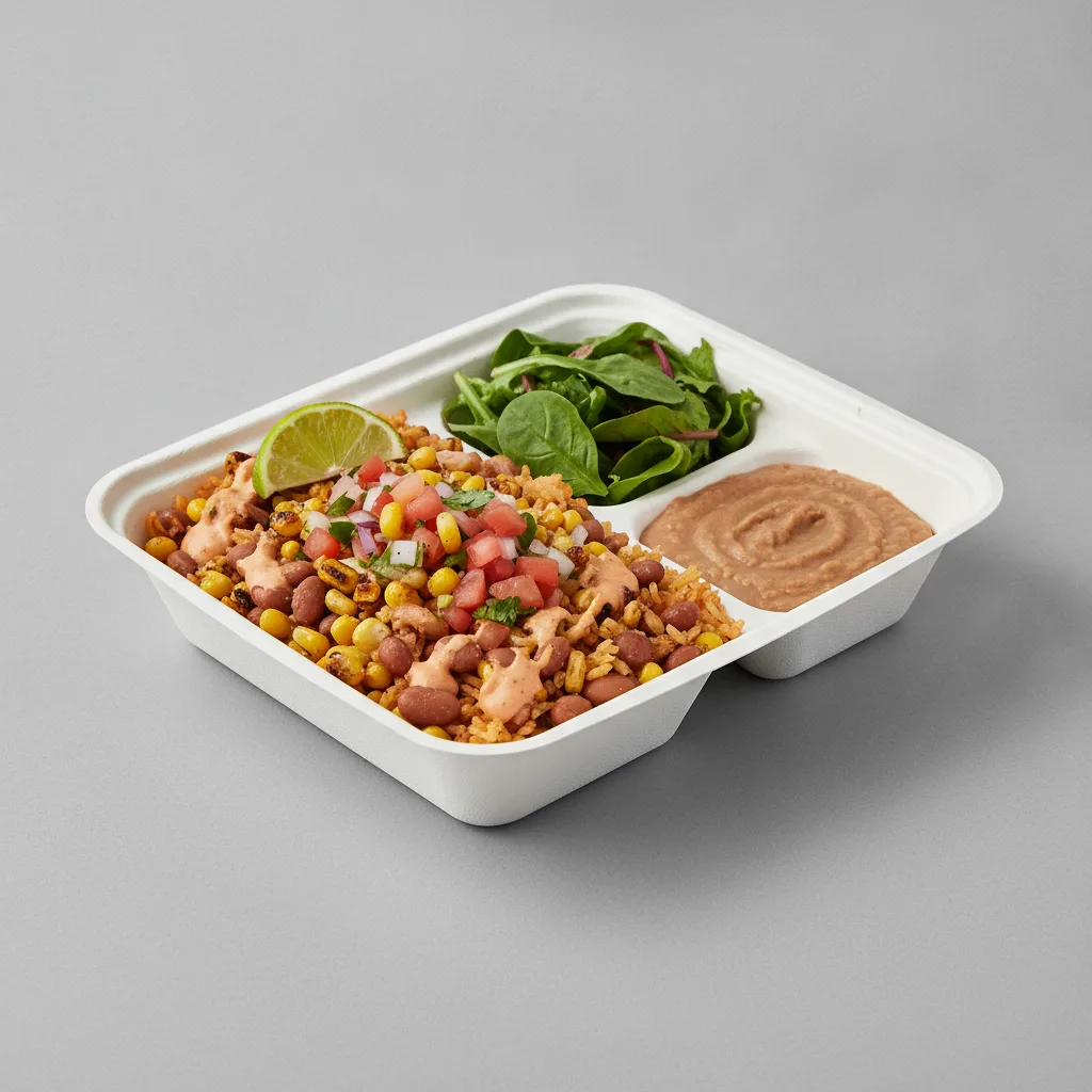 Elote Bowl Box with Refried Beans / Green Salad Elote Bowl Box with Refried Beans / Green Salad