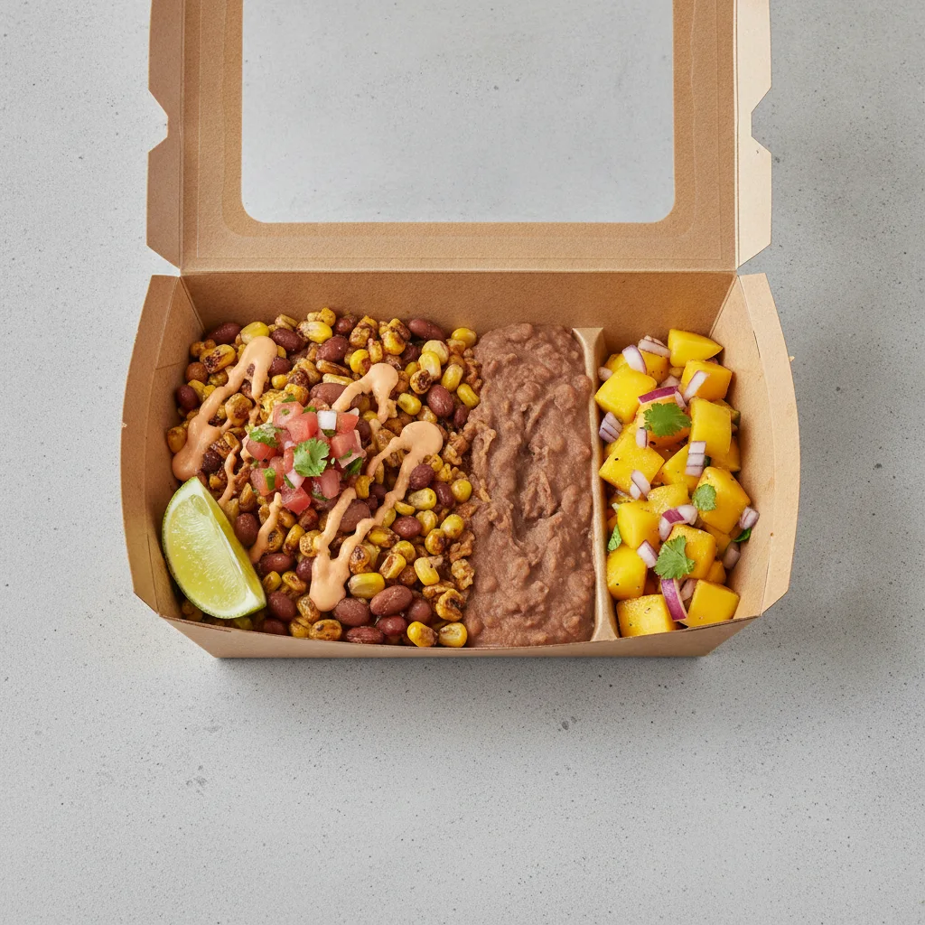 Elote Bowl Box with Refried Beans / Mango Salad Elote Bowl Box with Refried Beans / Mango Salad