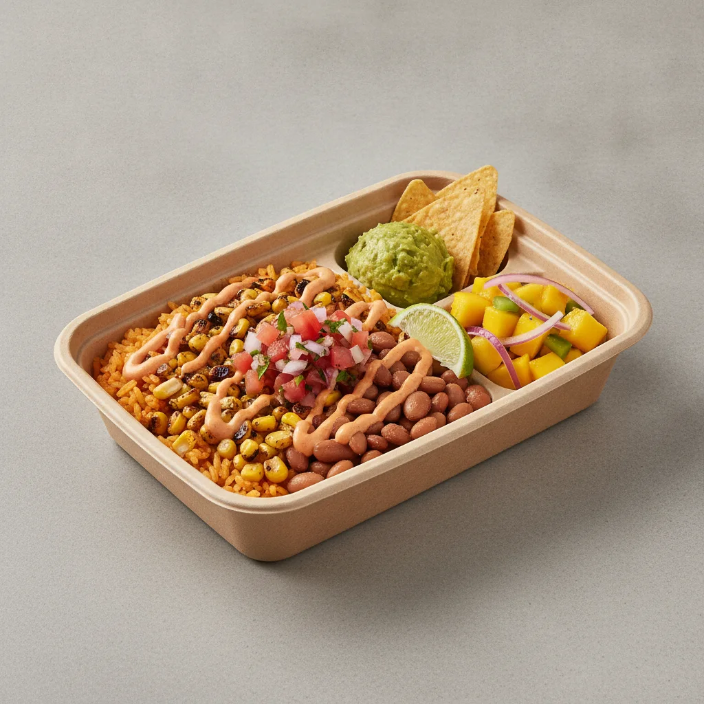 Elote Bowl Box with Guacamole and Chips / Mango Salad Elote Bowl Box with Guacamole and Chips / Mango Salad