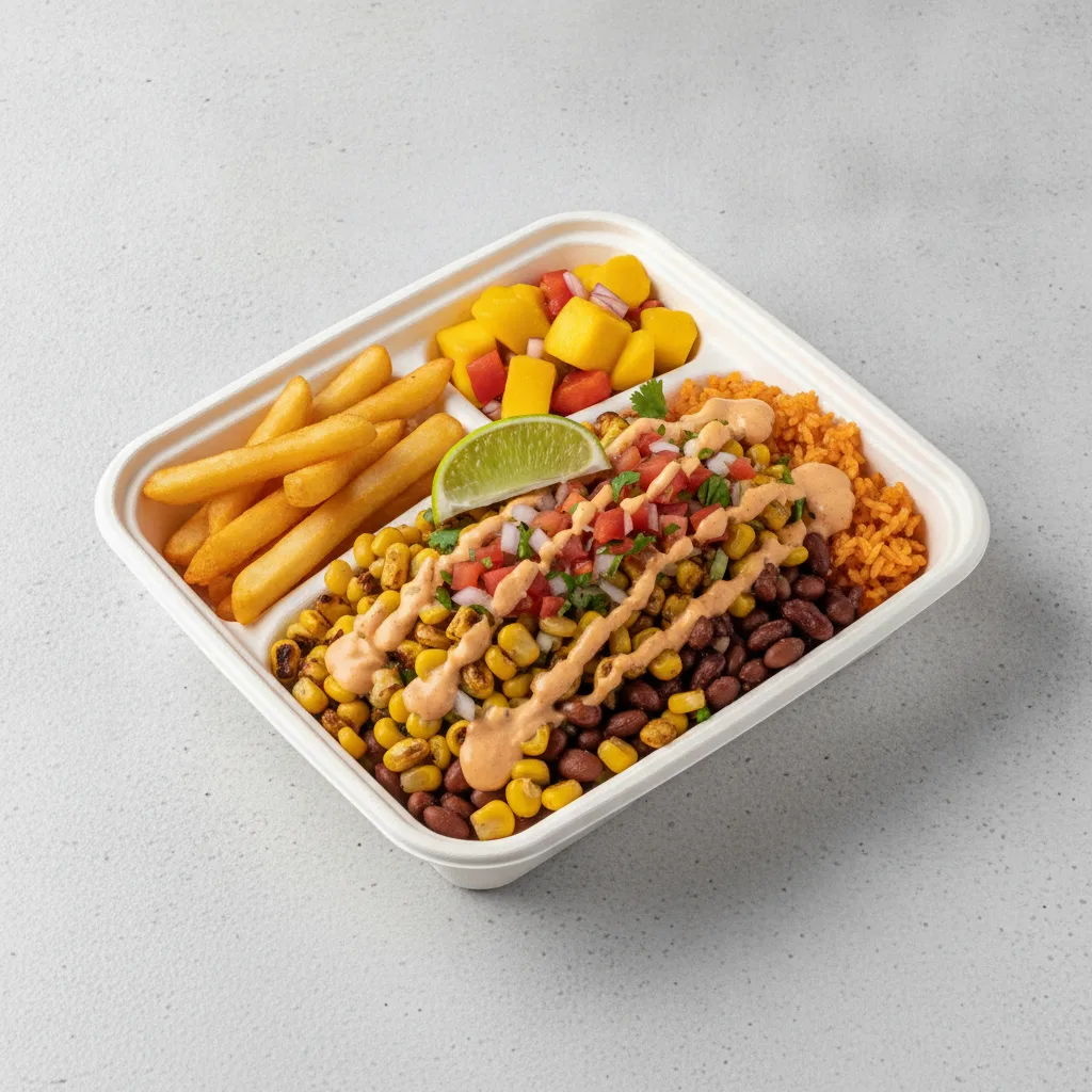 Elote Bowl Box with French Fries / Mango Salad Elote Bowl Box with French Fries / Mango Salad