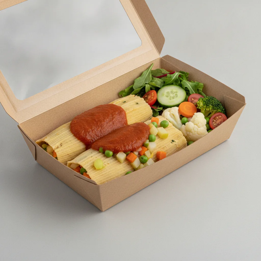 Tamales Box (Vegetarian) — Steamed Veggies / Green Salad Tamales Box (Vegetarian) — Steamed Veggies / Green Salad
