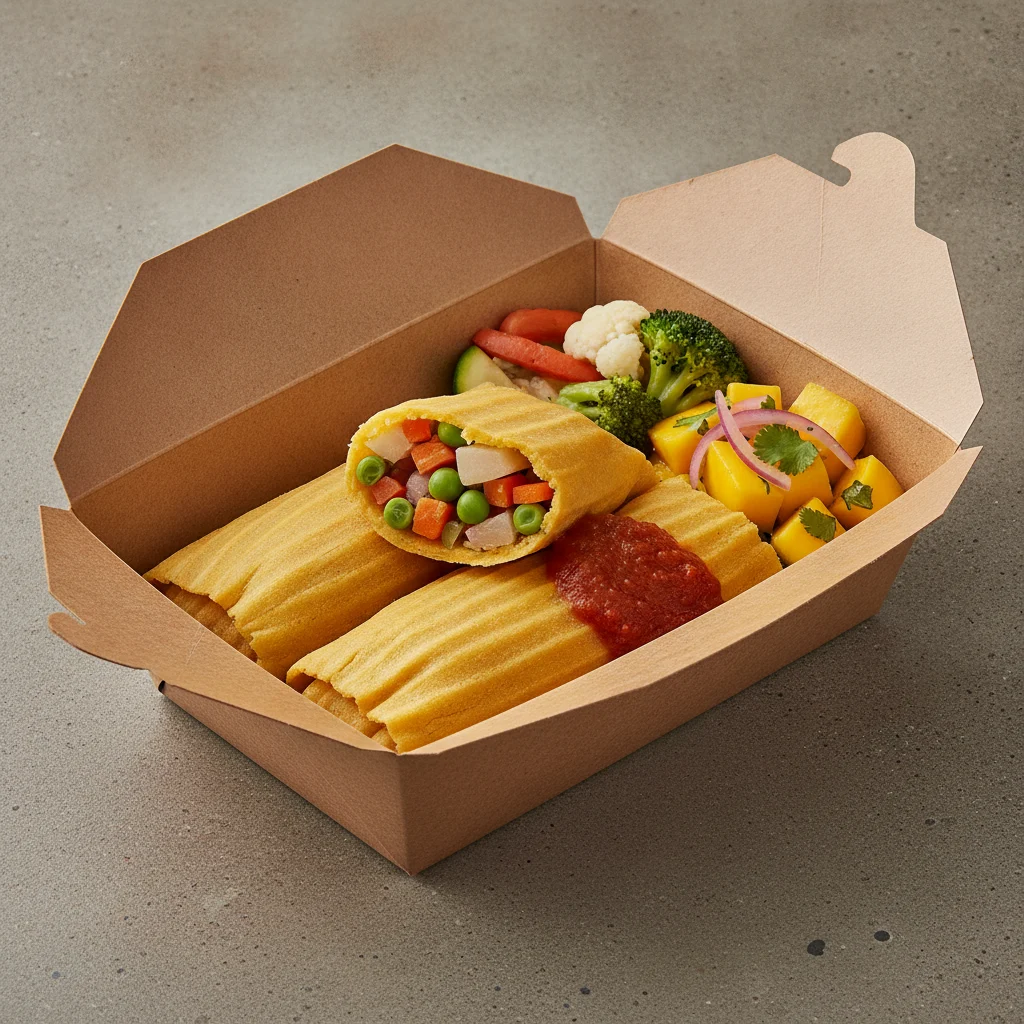 Tamales Box (Vegetarian) — Steamed Veggies / Mango Salad Tamales Box (Vegetarian) — Steamed Veggies / Mango Salad