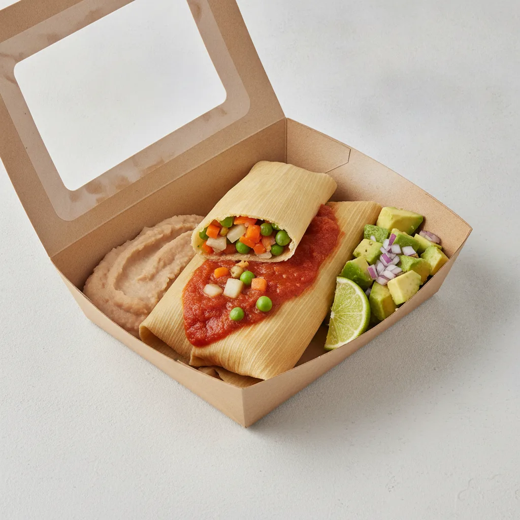 Tamales Box (Vegetarian) with Refried Beans / Avocado Salad Tamales Box (Vegetarian) with Refried Beans / Avocado Salad
