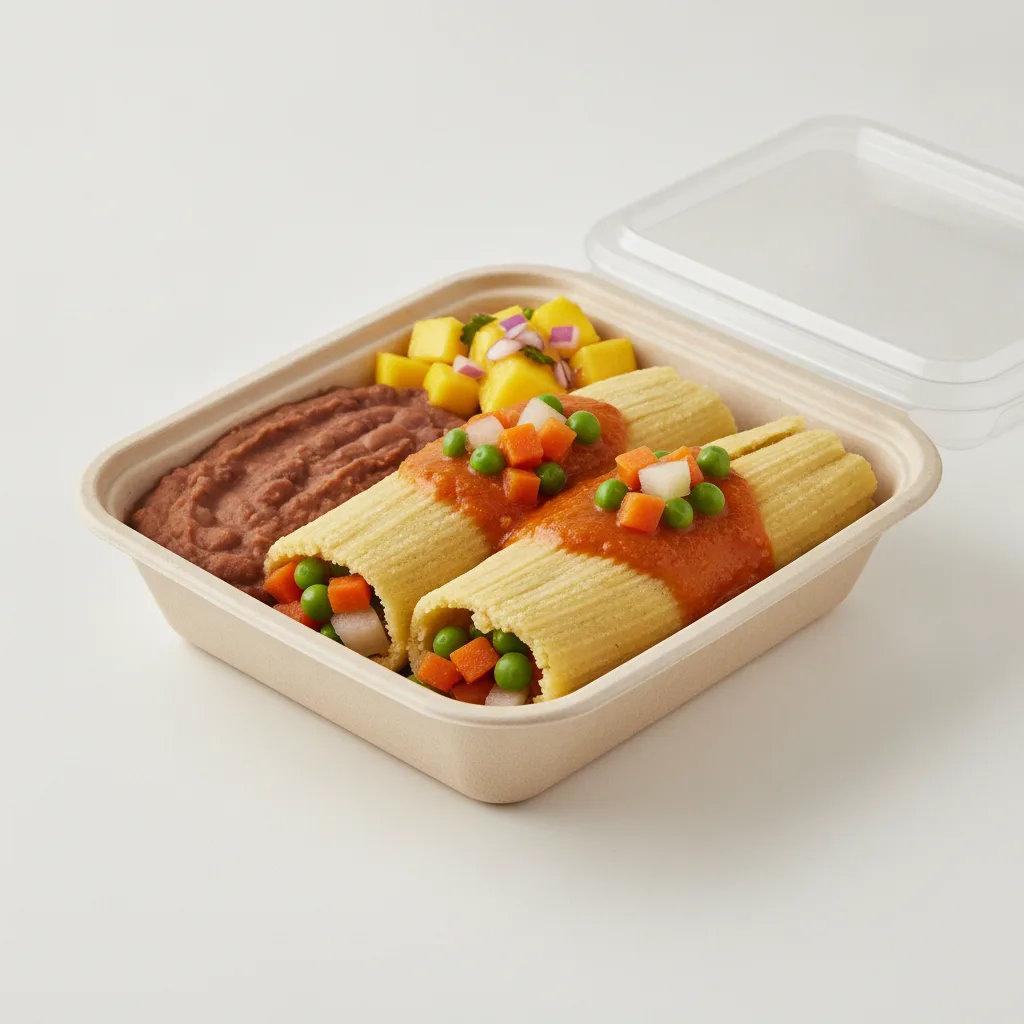 Tamales Box (Vegetarian) with Refried Beans / Mango Salad Tamales Box (Vegetarian) with Refried Beans / Mango Salad