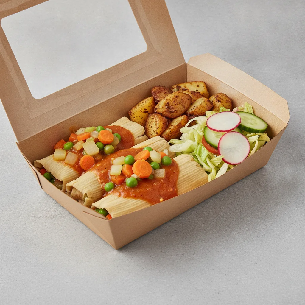 Tamales Box (Vegetarian) with Home Fries / Mexican Salad Tamales Box (Vegetarian) with Home Fries / Mexican Salad