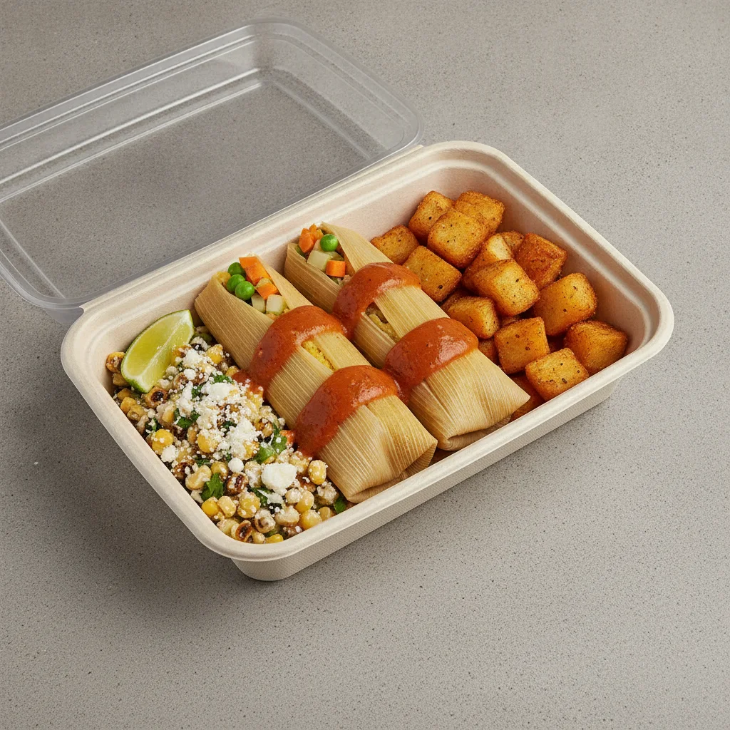 Tamales Box (Vegetarian) with Home Fries / Street Corn Salad Tamales Box (Vegetarian) with Home Fries / Street Corn Salad