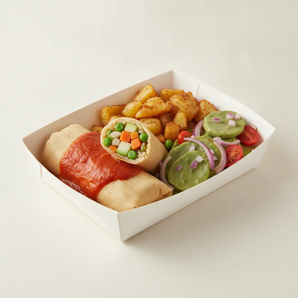 Tamales Box (Vegetarian) with Home Fries / Nopalitos Salad Tamales Box (Vegetarian) with Home Fries / Nopalitos Salad