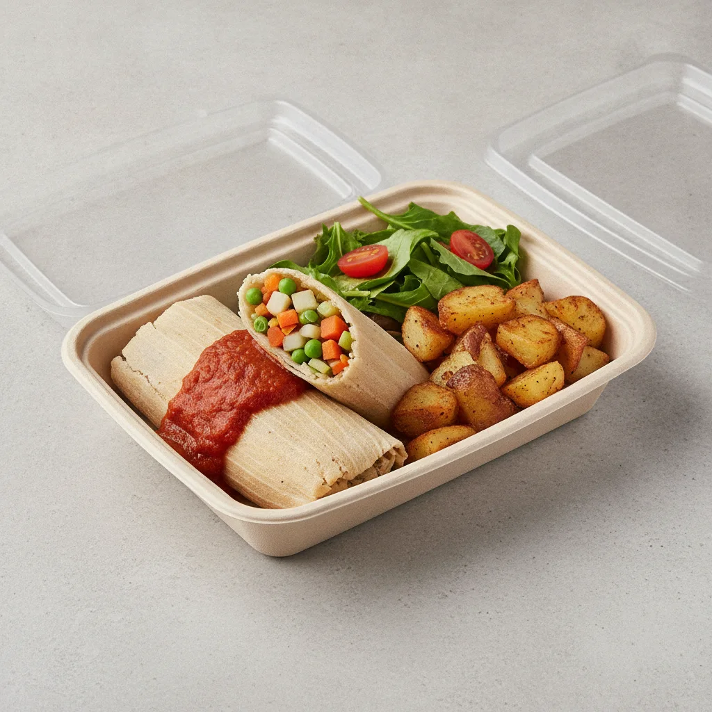 Tamales Box (Vegetarian) with Home Fries / Green Salad Tamales Box (Vegetarian) with Home Fries / Green Salad