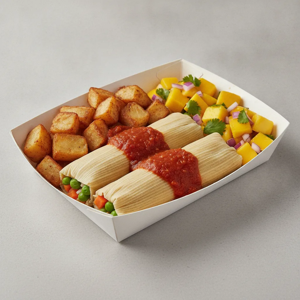 Tamales Box (Vegetarian) with Home Fries / Mango Salad Tamales Box (Vegetarian) with Home Fries / Mango Salad
