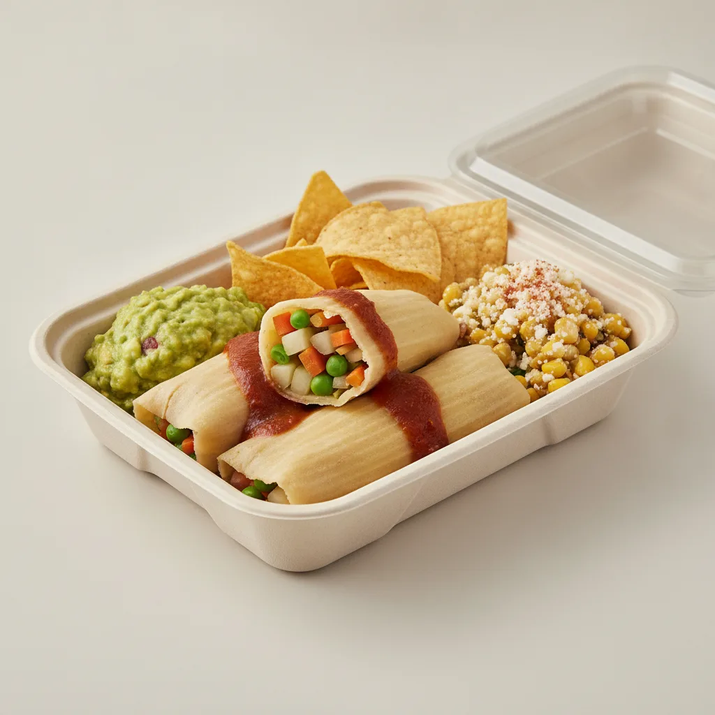 Tamales Box (Vegetarian) with Guacamole and Chips / Street Corn Salad Tamales Box (Vegetarian) with Guacamole and Chips / Street Corn Salad