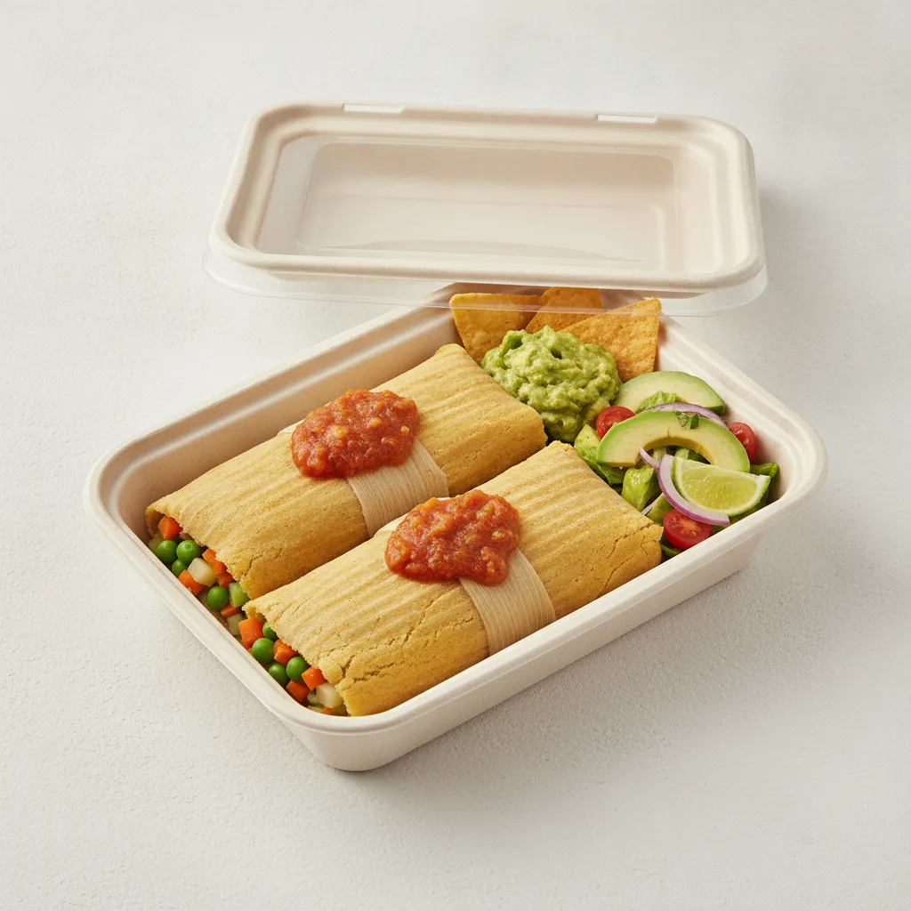 Tamales Box (Vegetarian) with Guacamole and Chips / Avocado Salad Tamales Box (Vegetarian) with Guacamole and Chips / Avocado Salad