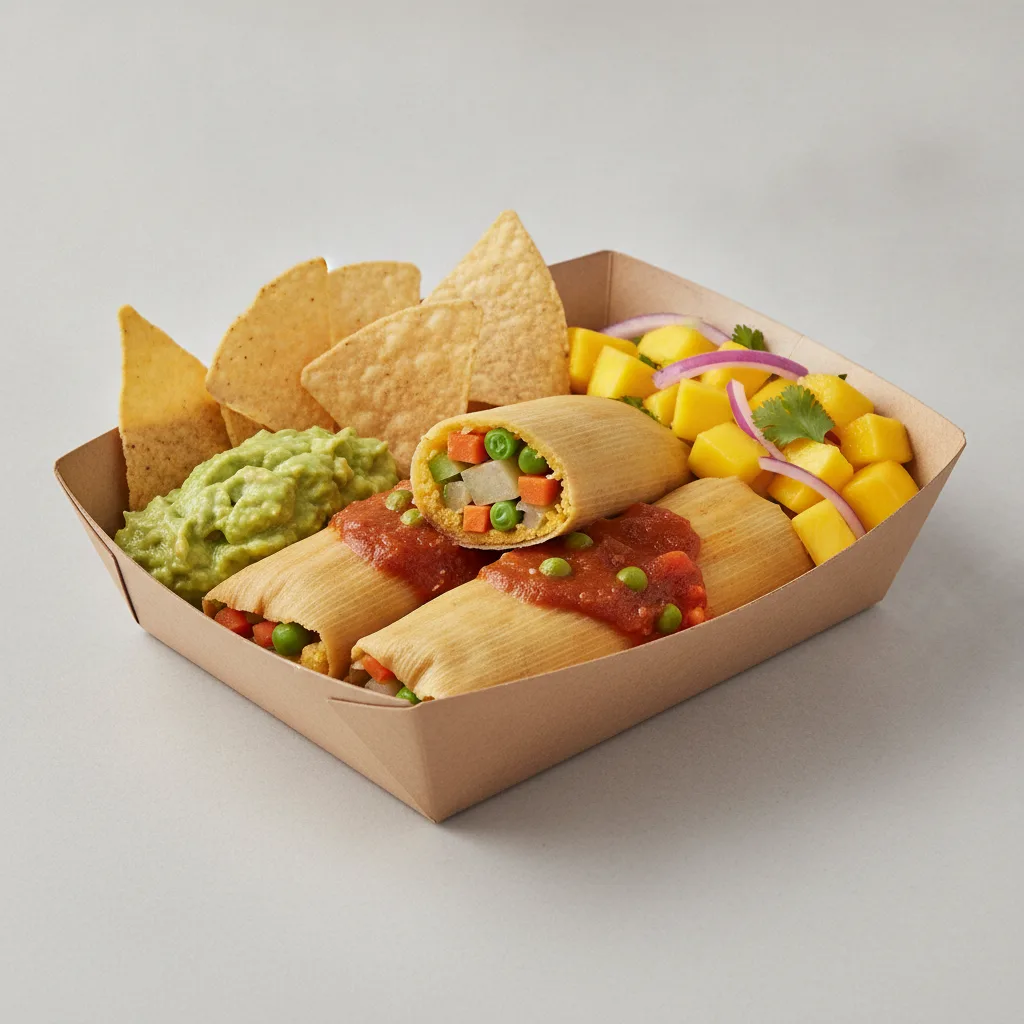 Tamales Box (Vegetarian) with Guacamole and Chips / Mango Salad Tamales Box (Vegetarian) with Guacamole and Chips / Mango Salad