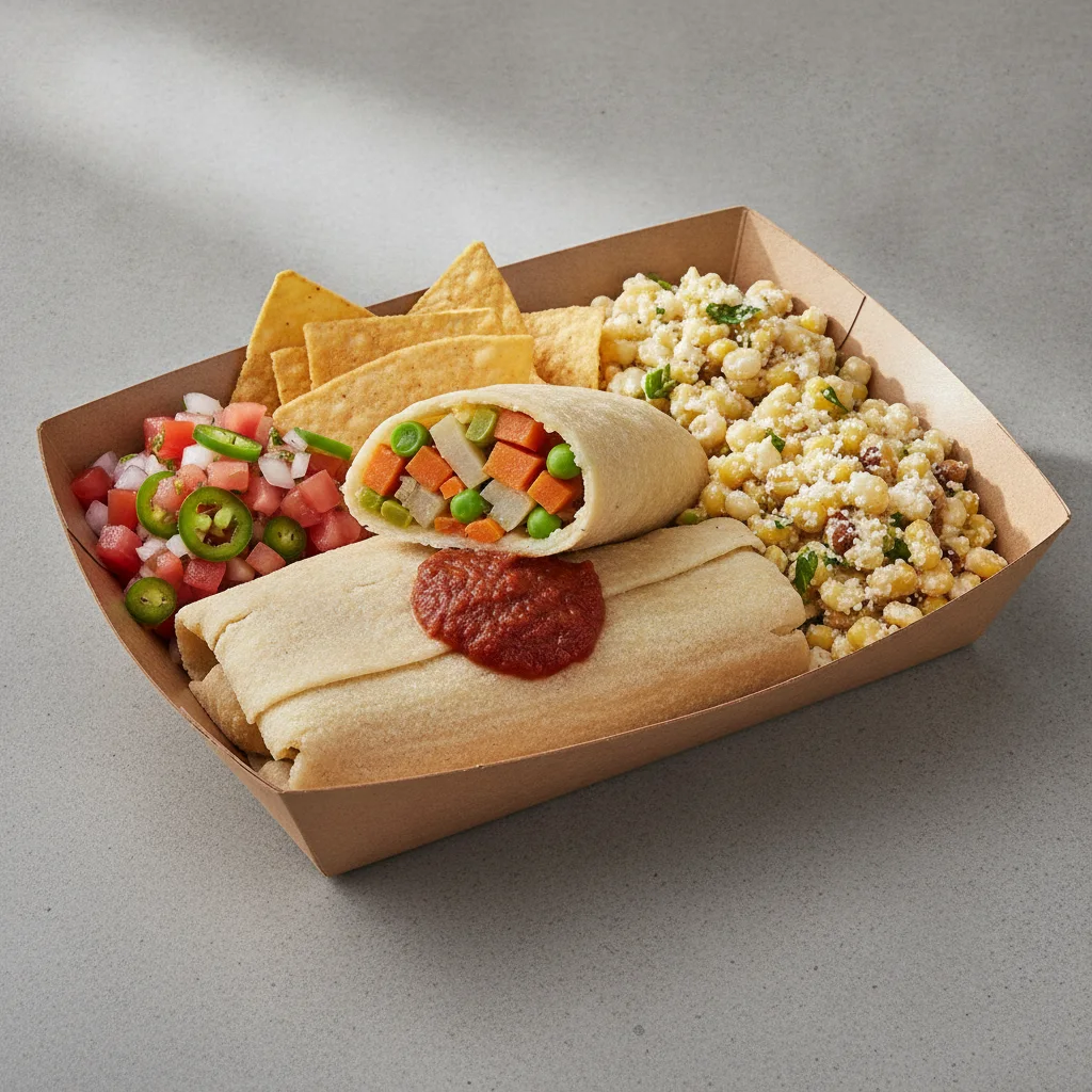Tamales Box (Vegetarian) with Pico and Chips / Street Corn Salad Tamales Box (Vegetarian) with Pico and Chips / Street Corn Salad