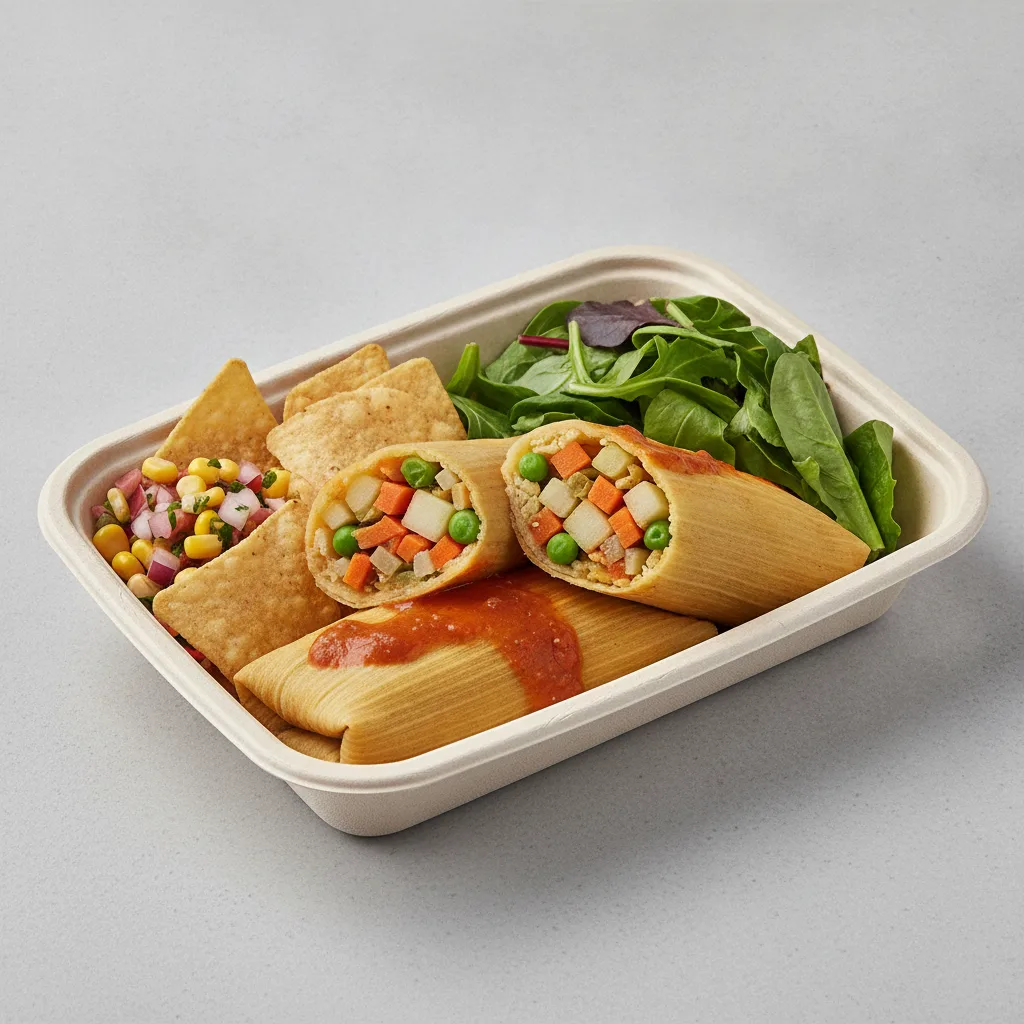 Tamales Box (Vegetarian) with Pico and Chips / Green Salad Tamales Box (Vegetarian) with Pico and Chips / Green Salad