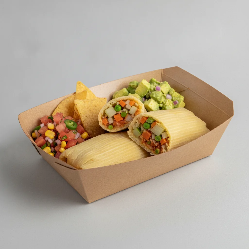 Tamales Box (Vegetarian) with Pico and Chips / Avocado Salad Tamales Box (Vegetarian) with Pico and Chips / Avocado Salad