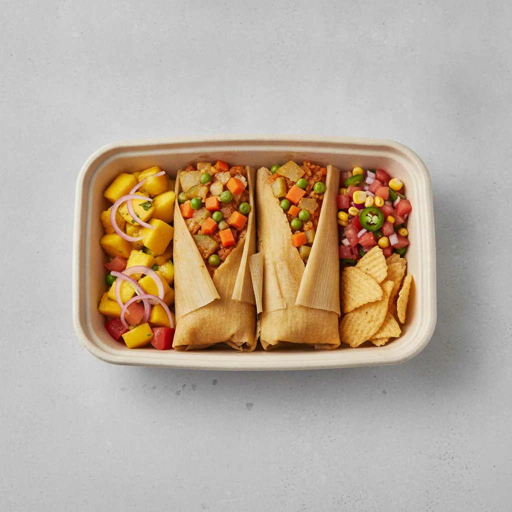 Tamales Box (Vegetarian) with Pico and Chips / Mango Salad Tamales Box (Vegetarian) with Pico and Chips / Mango Salad