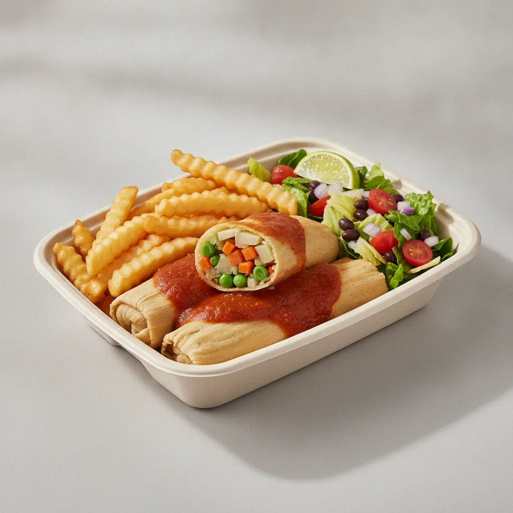 Tamales Box (Vegetarian) with French Fries / Mexican Salad Tamales Box (Vegetarian) with French Fries / Mexican Salad