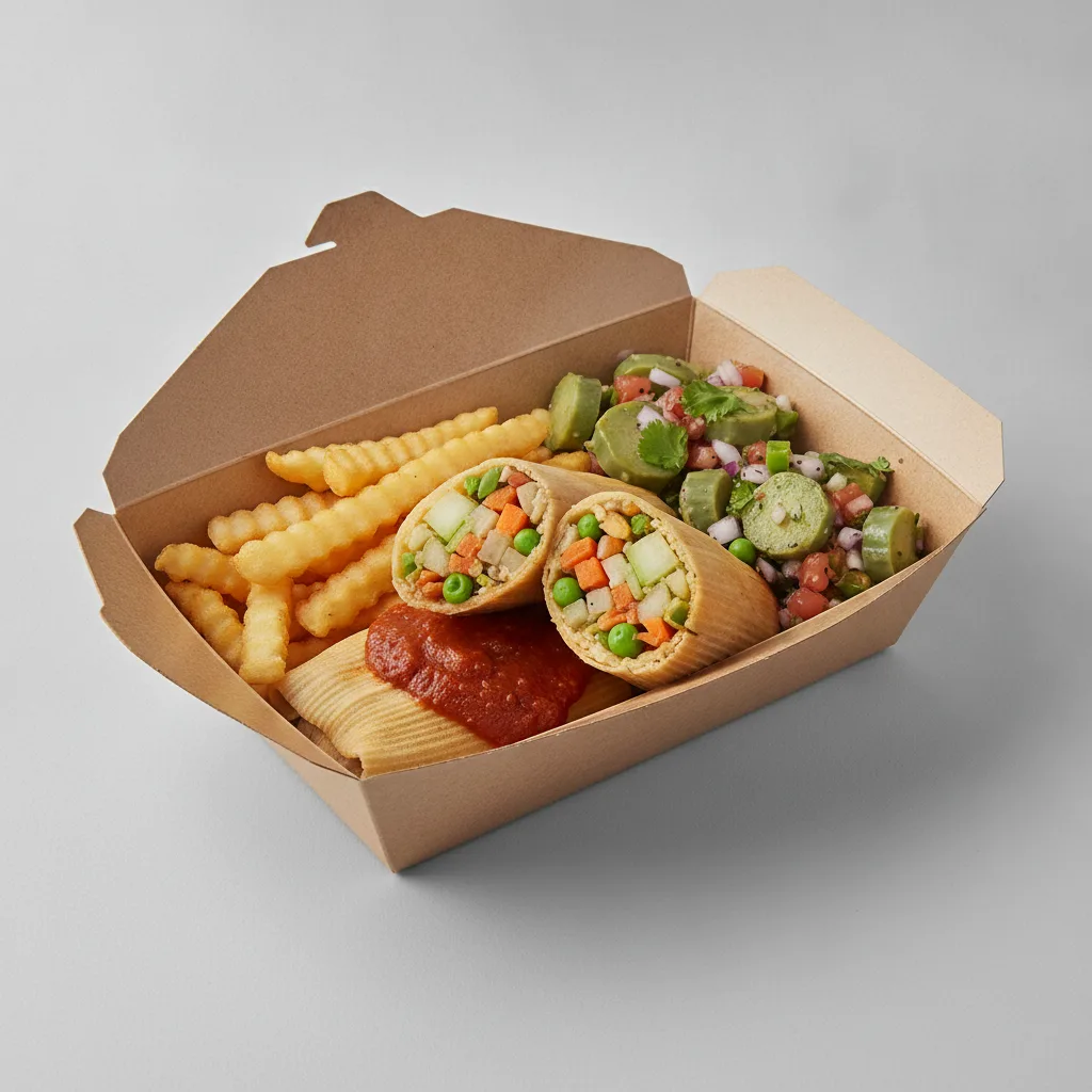 Tamales Box (Vegetarian) with French Fries / Nopalitos Salad Tamales Box (Vegetarian) with French Fries / Nopalitos Salad
