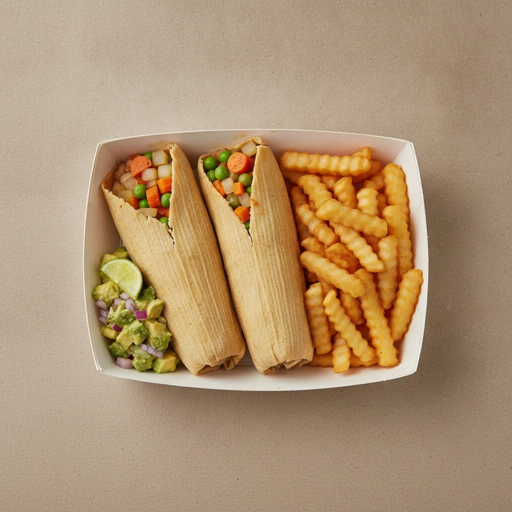 Tamales Box (Vegetarian) with French Fries / Avocado Salad Tamales Box (Vegetarian) with French Fries / Avocado Salad