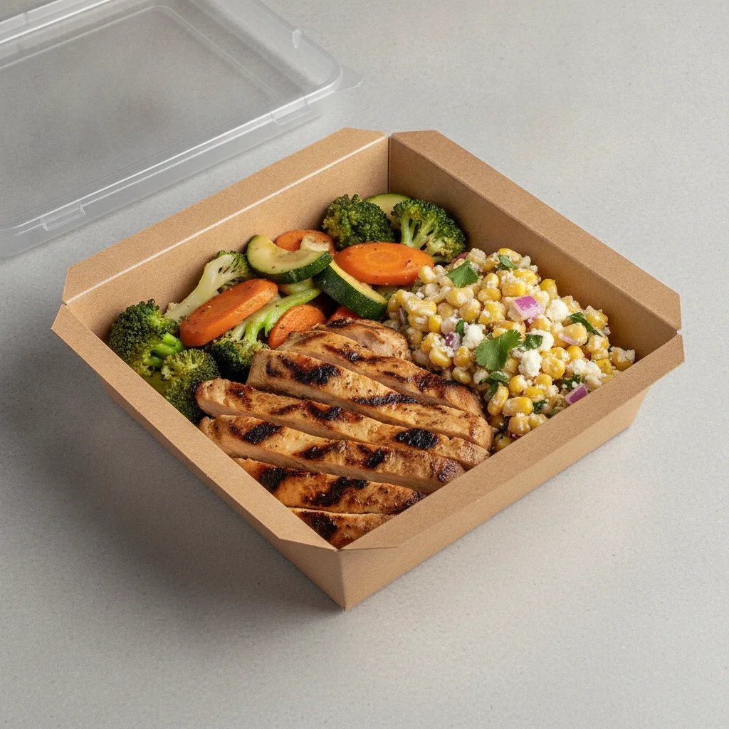 Asada Plate Box — Chicken — Steamed Veggies / Street Corn Salad Asada Plate Box — Chicken — Steamed Veggies / Street Corn Salad