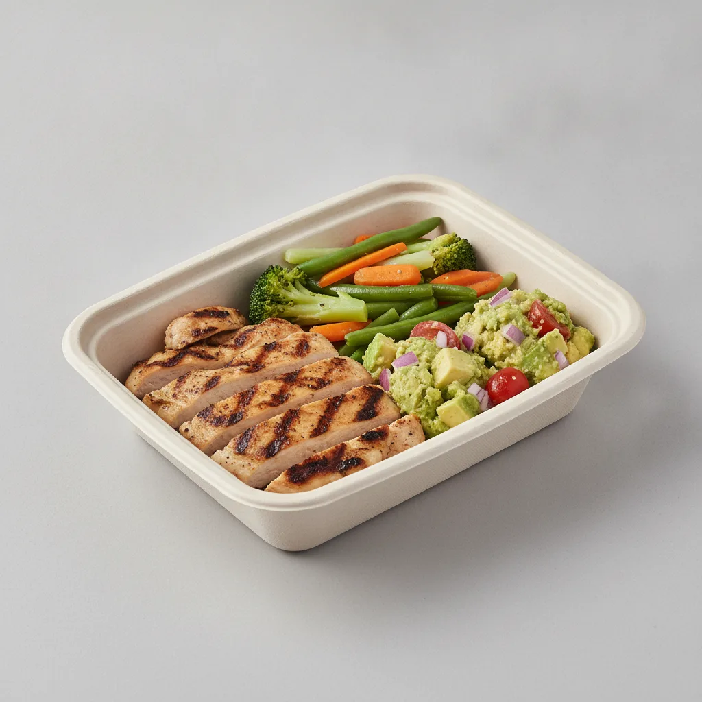 Asada Plate Box — Chicken — Steamed Veggies / Avocado Salad Asada Plate Box — Chicken — Steamed Veggies / Avocado Salad