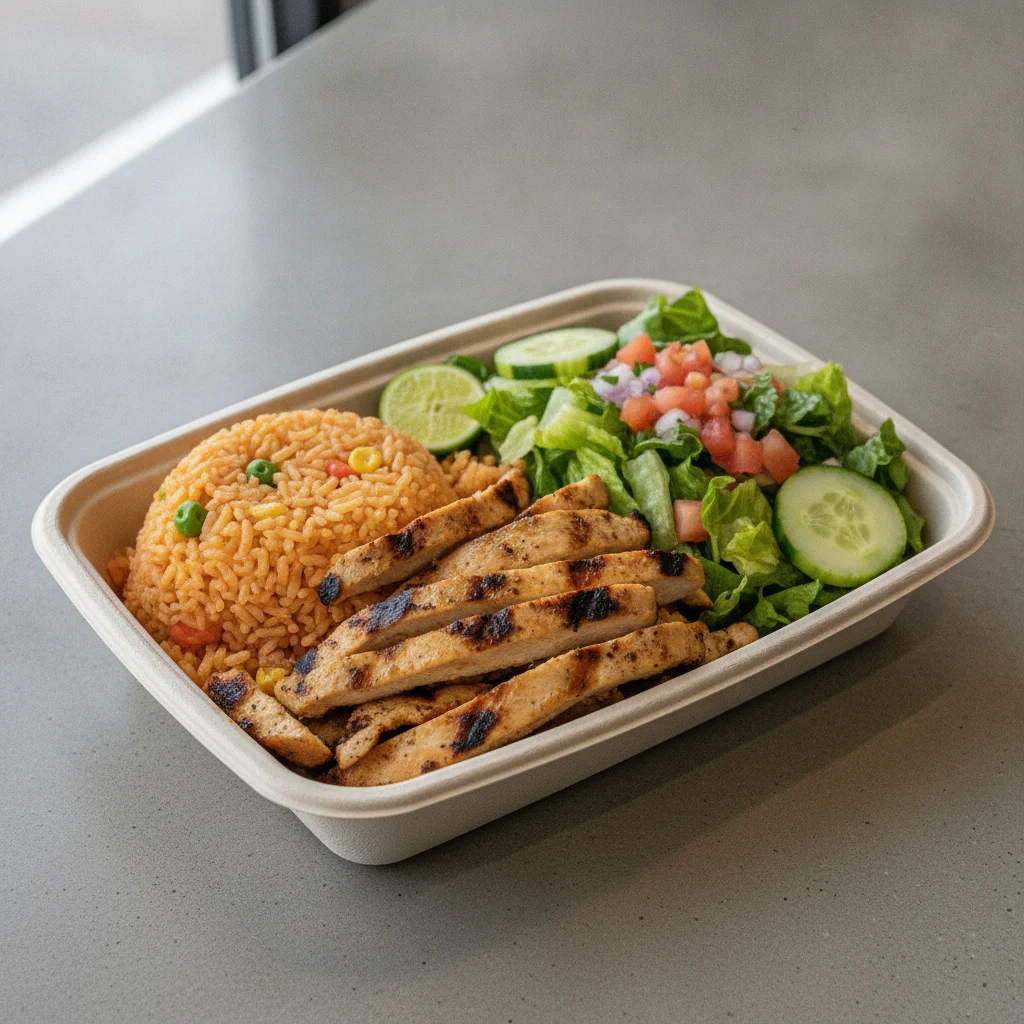 Asada Plate Box — Chicken — Mexican Rice / Mexican Salad Asada Plate Box — Chicken — Mexican Rice / Mexican Salad