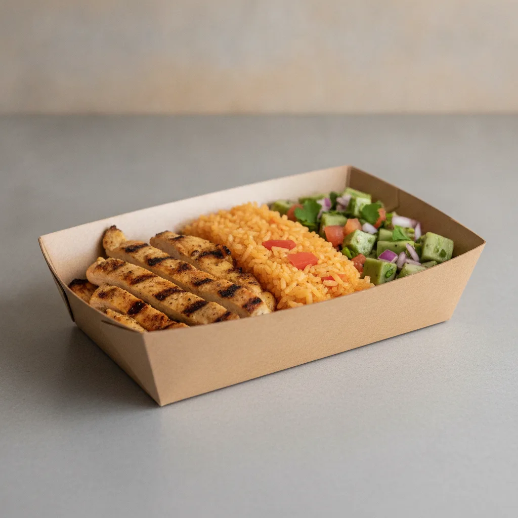 Asada Plate Box — Chicken — Mexican Rice / Nopalitos Salad Asada Plate Box — Chicken — Mexican Rice / Nopalitos Salad