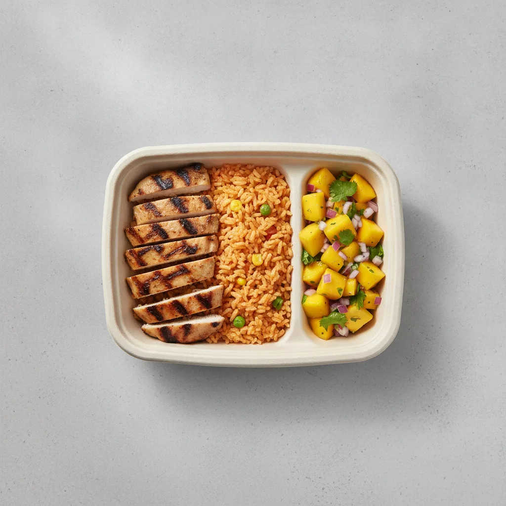 Asada Plate Box — Chicken — Mexican Rice / Mango Salad Asada Plate Box — Chicken — Mexican Rice / Mango Salad