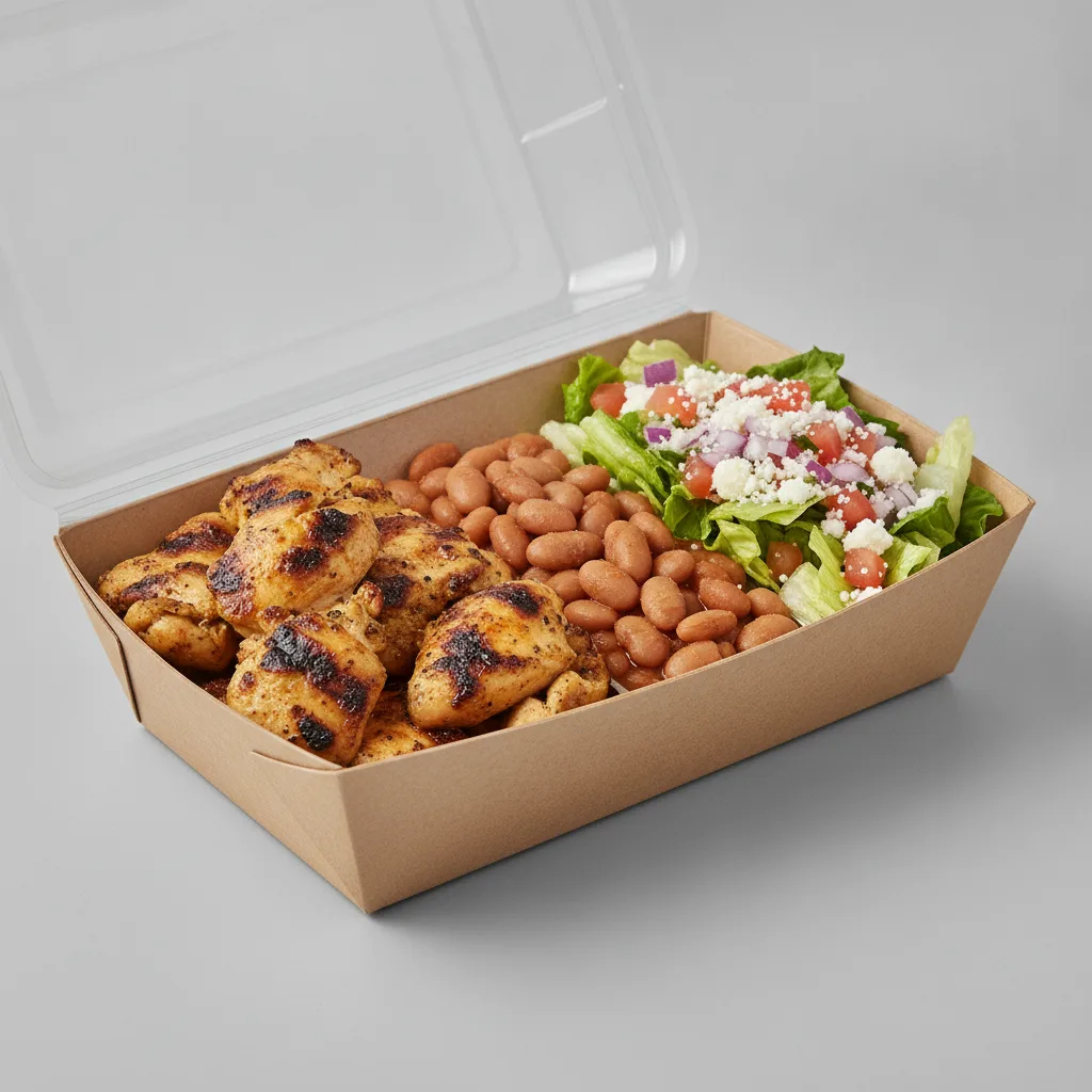 Asada Plate Box — Chicken — Pinto Beans / Mexican Salad Asada Plate Box — Chicken — Pinto Beans / Mexican Salad