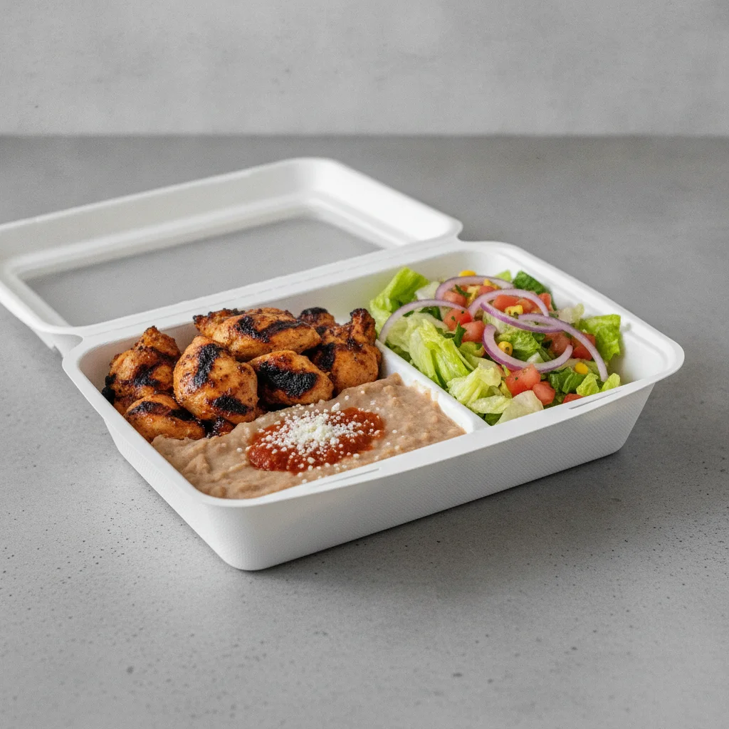Asada Plate Box — Chicken with Refried Beans / Mexican Salad Asada Plate Box — Chicken with Refried Beans / Mexican Salad