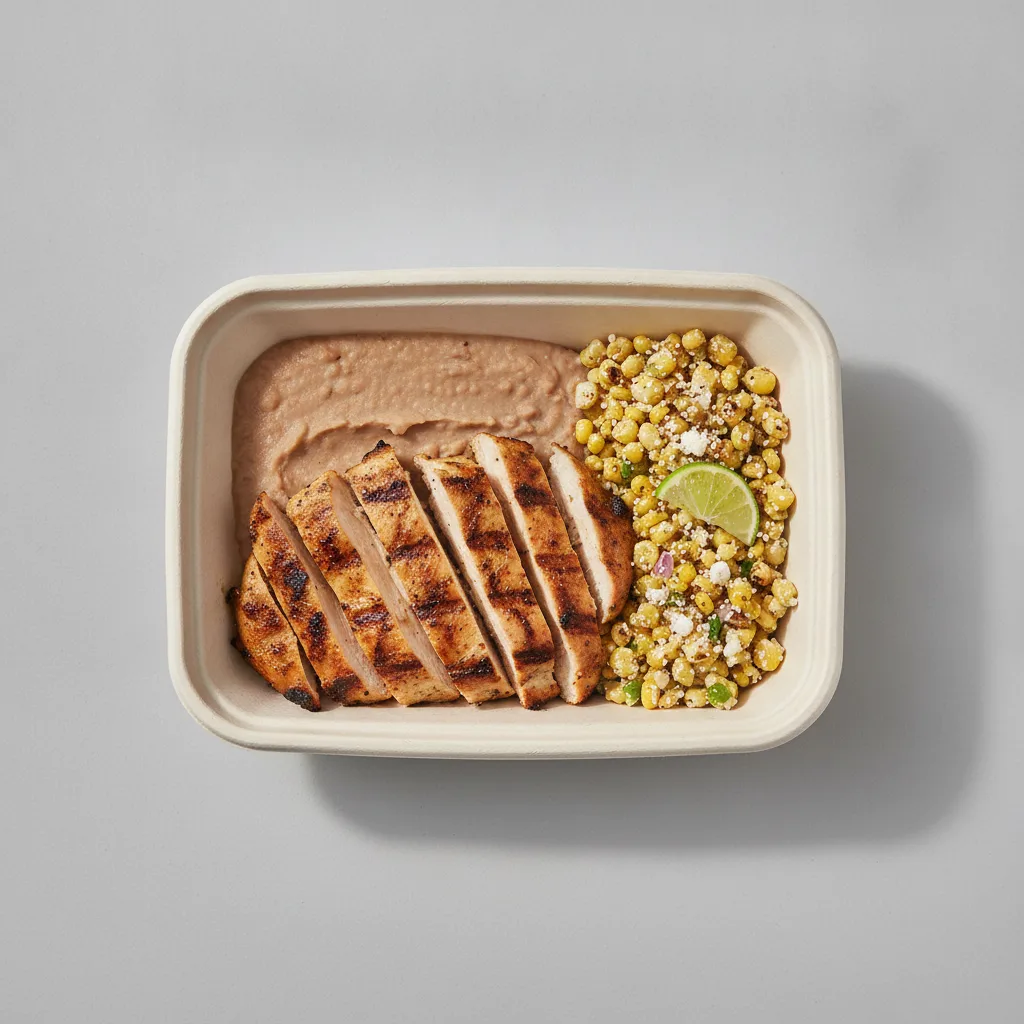 Asada Plate Box — Chicken with Refried Beans / Street Corn Salad Asada Plate Box — Chicken with Refried Beans / Street Corn Salad