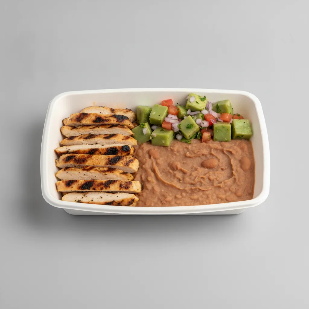 Asada Plate Box — Chicken with Refried Beans / Nopalitos Salad Asada Plate Box — Chicken with Refried Beans / Nopalitos Salad