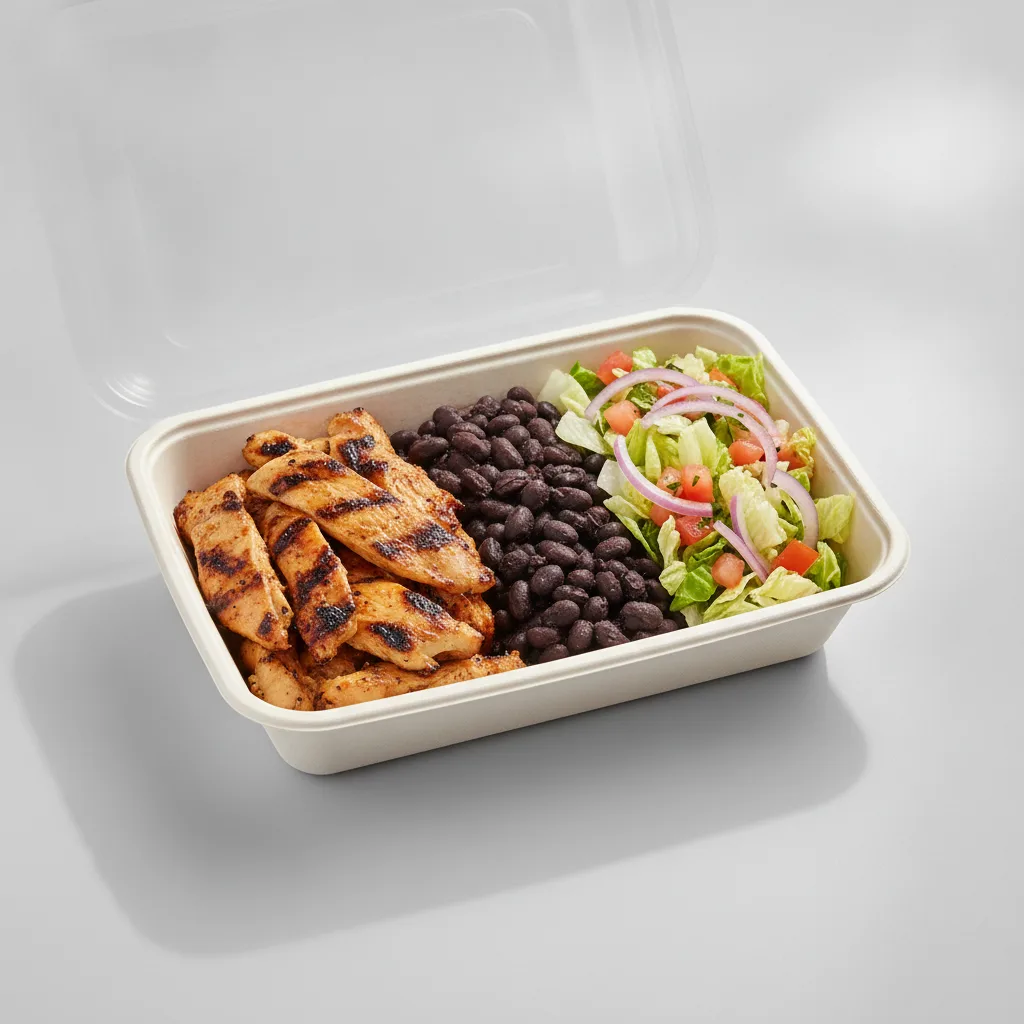 Asada Plate Box — Chicken with Black Beans / Mexican Salad Asada Plate Box — Chicken with Black Beans / Mexican Salad