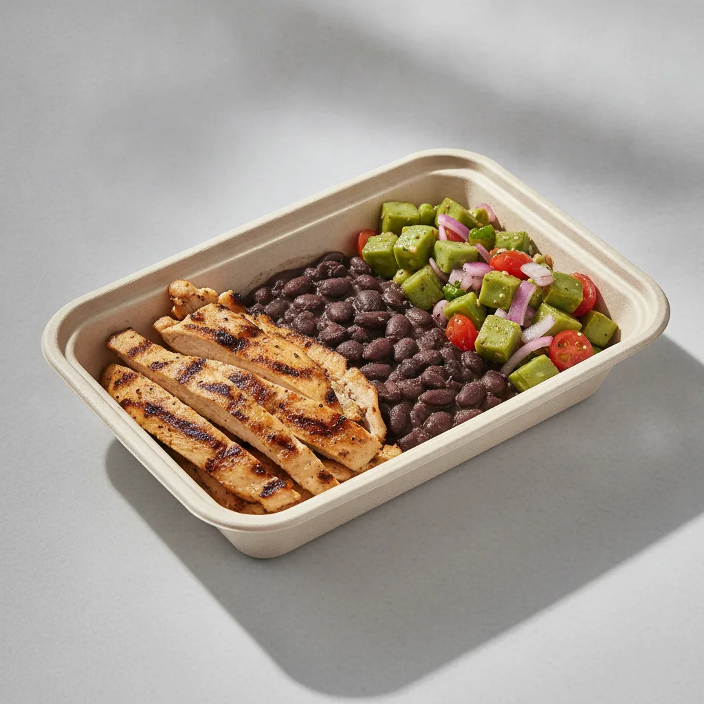 Asada Plate Box — Chicken with Black Beans / Nopalitos Salad Asada Plate Box — Chicken with Black Beans / Nopalitos Salad