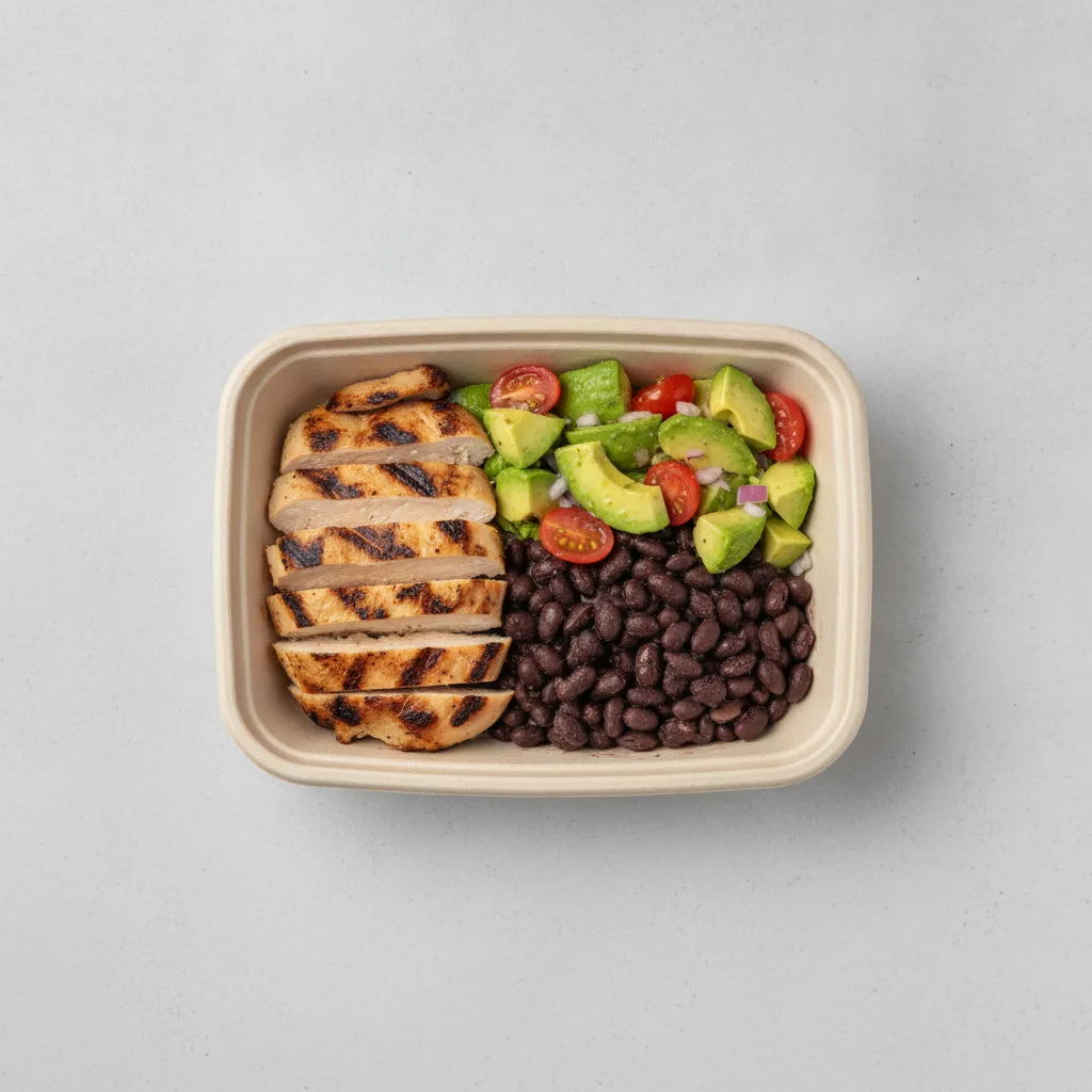 Asada Plate Box — Chicken with Black Beans / Avocado Salad Asada Plate Box — Chicken with Black Beans / Avocado Salad